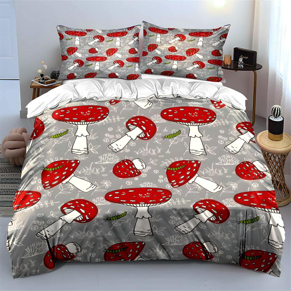Red And White Mushroom Pattern Background Printed Duvet Cover Set1 Duvet Cover+2 Pillowcasemulti Size Bedroom Bedding Decor