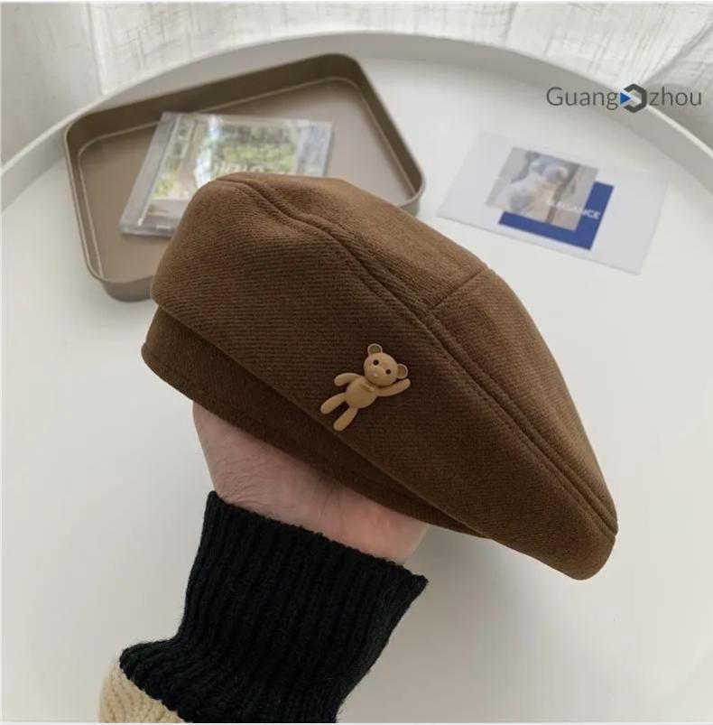 Женский берет, / зимний японский шерстяной мультяшный медведь шляпа художника One Size