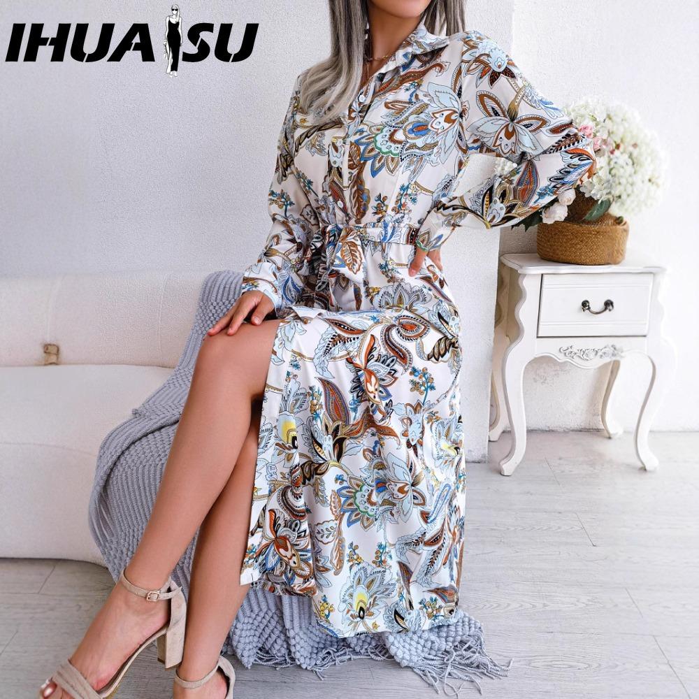 

IHUASU Женское ретро цветочное платье-рубашка с длинным рукавом на весну-лето S белый