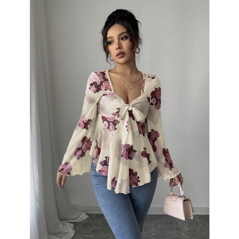 DAFIFY Women's Fashion Casual Spring Autumn Flower Pattern Print Long Sleeve V-Neck Blouses & Shirts