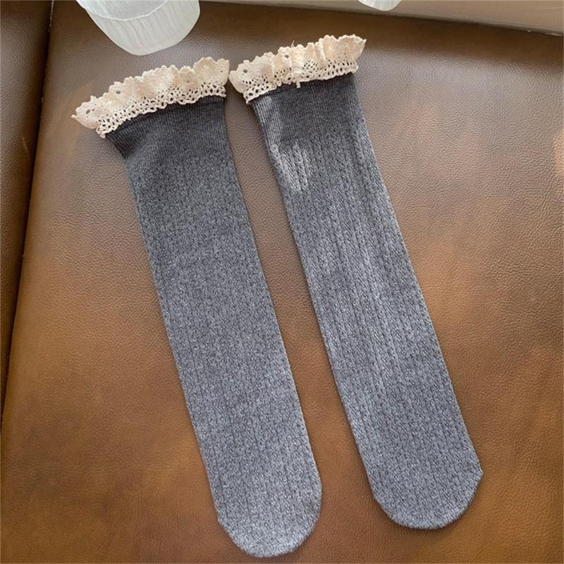 Women Winter Fall Vertical Striped Ribbed Knit Long Socks Japanese JK Sweet Frilly Ruffle Lace Trim Knee High Stockings