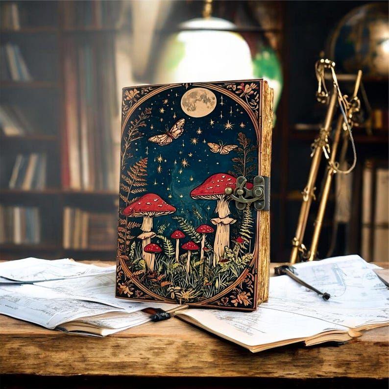 Moon & Mushroom Vintage Diary – Handmade Locking Journal