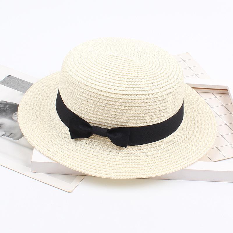 Korean Straw Hat - Retro Bow Flat Top Fedora for Spring & Summer Beach Days