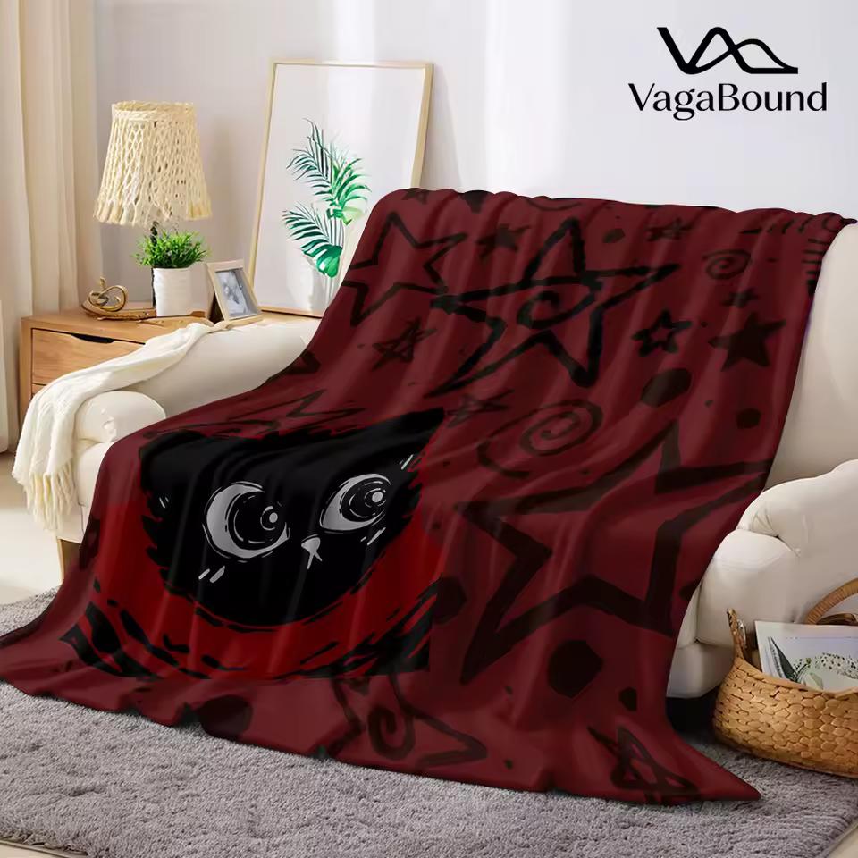 Starred Cat in Red Flannel Blanket Warm Soft Halloween Christmas Couch Warm Cozy Decorative Decor Gift for All Season