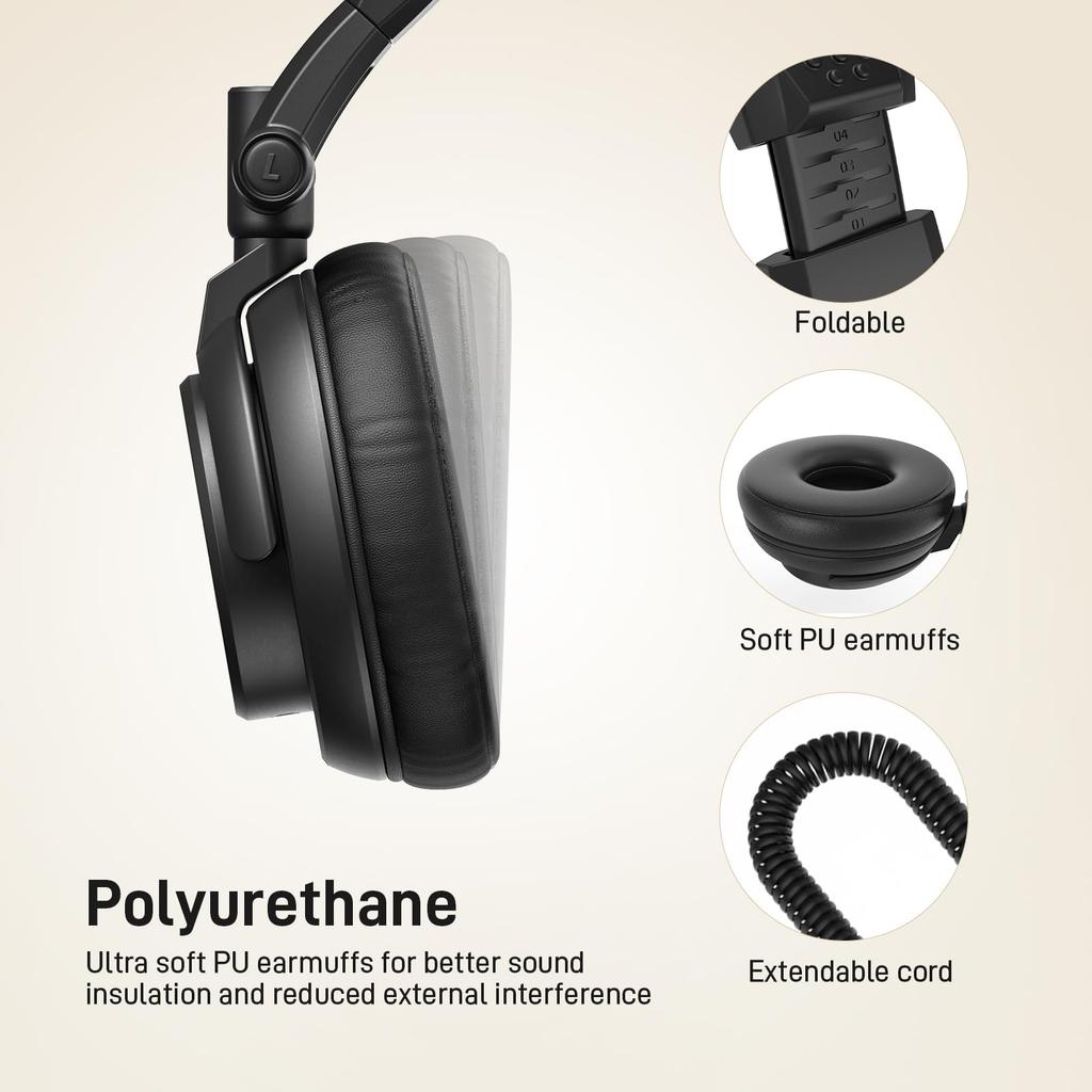 MAONO AU-MH601 Monitor Headphones, Wired Over-Ear Headphones for DJing, Closed-Back Sound-Isolating, Foldable, with 50mm Drivers and 3.5mm6.35mm