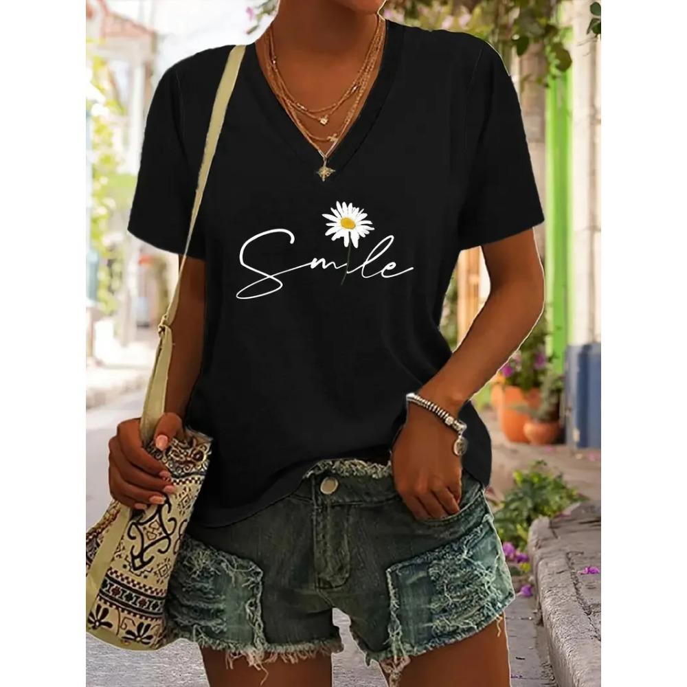 Summer Women's T-shirt Cat Pattern Printing V-neck Short-sleeved Loose Oversized Clothes