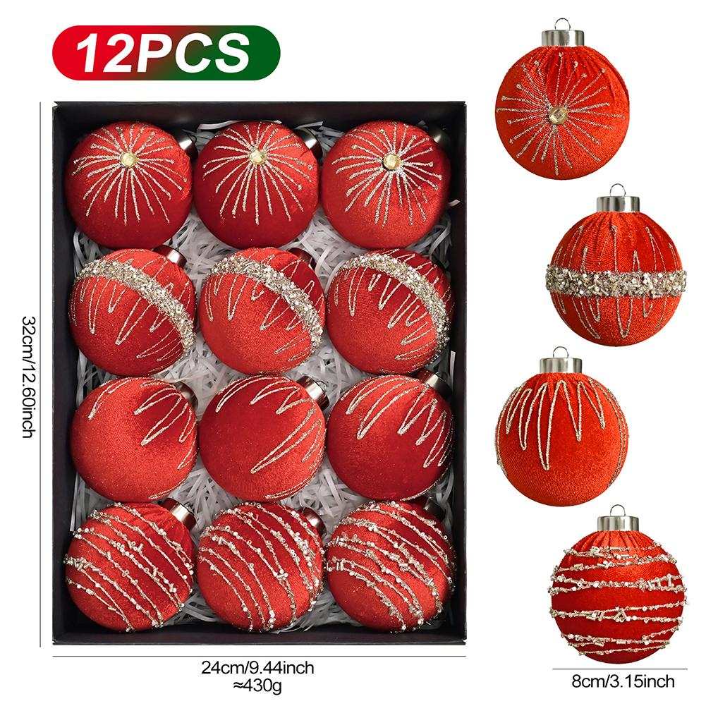 12pcs 8cm Christmas Tree Ornaments Set with Velvet Flocked Finish for Holiday Decoration Suitable for Trees Mantles and Events