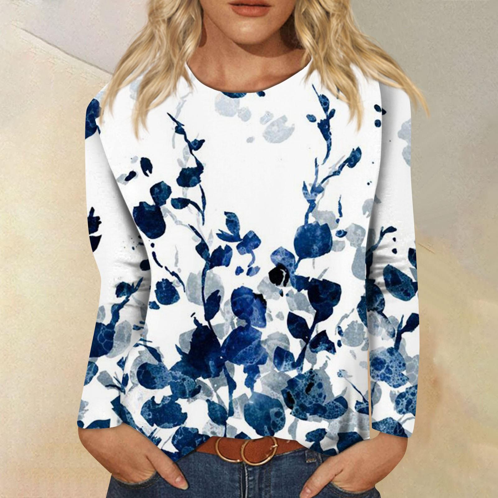 

Женская мода, повседневная блузка с длинным рукавом и круглым вырезом, пуловер с принтом XXL синий