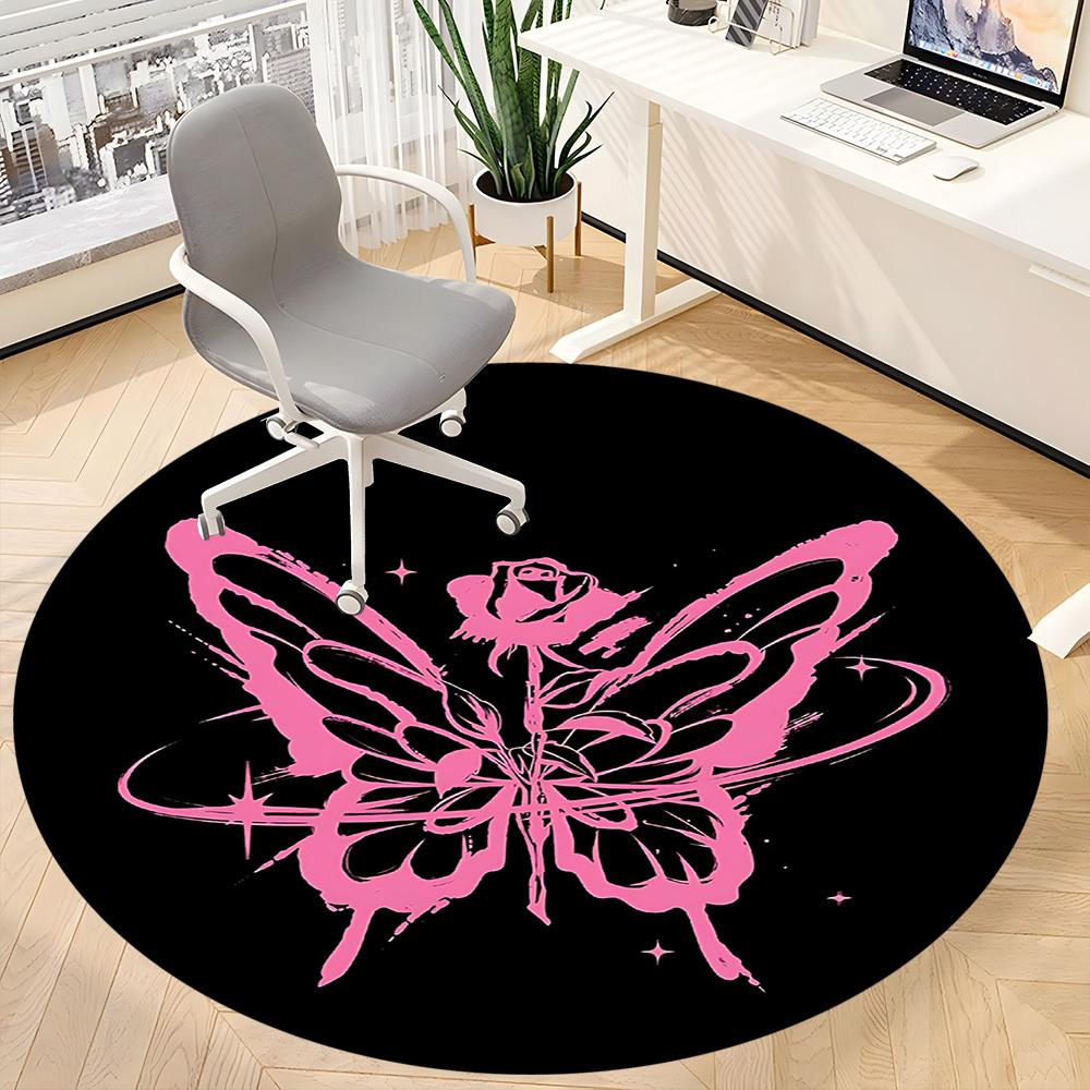 1 Stück Schmetterling Rosenmuster Büro Runder Teppich, Matte Geeignet Für Büro, Unter Bürostühlen Schlafzimmer Wohnzimmer Heimdekoration, Raumdeko