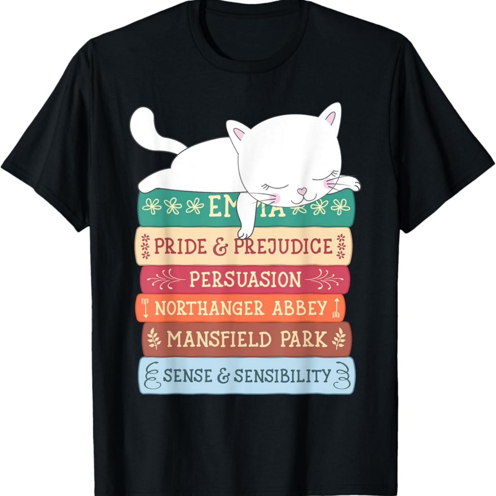 Футболка с забавным изображением стопки книг Джейн Остин, литературная S