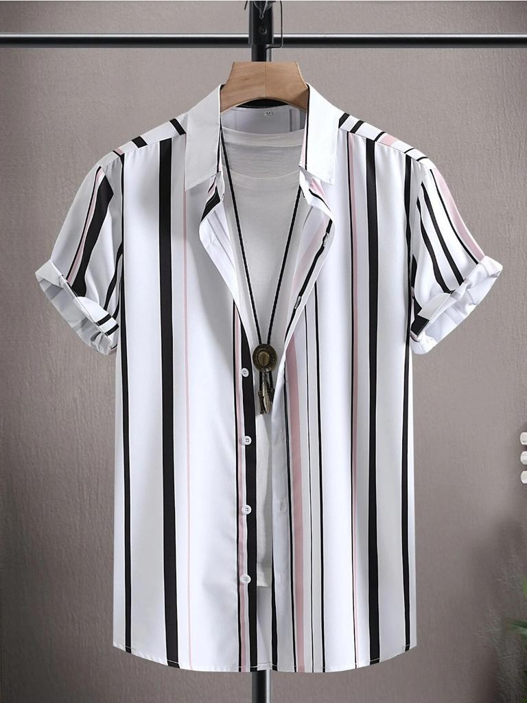 Colorful Striped Pattern Print Men Shirts Design Short Sleeve Shirts Fashion Button Short Sleeve Tops