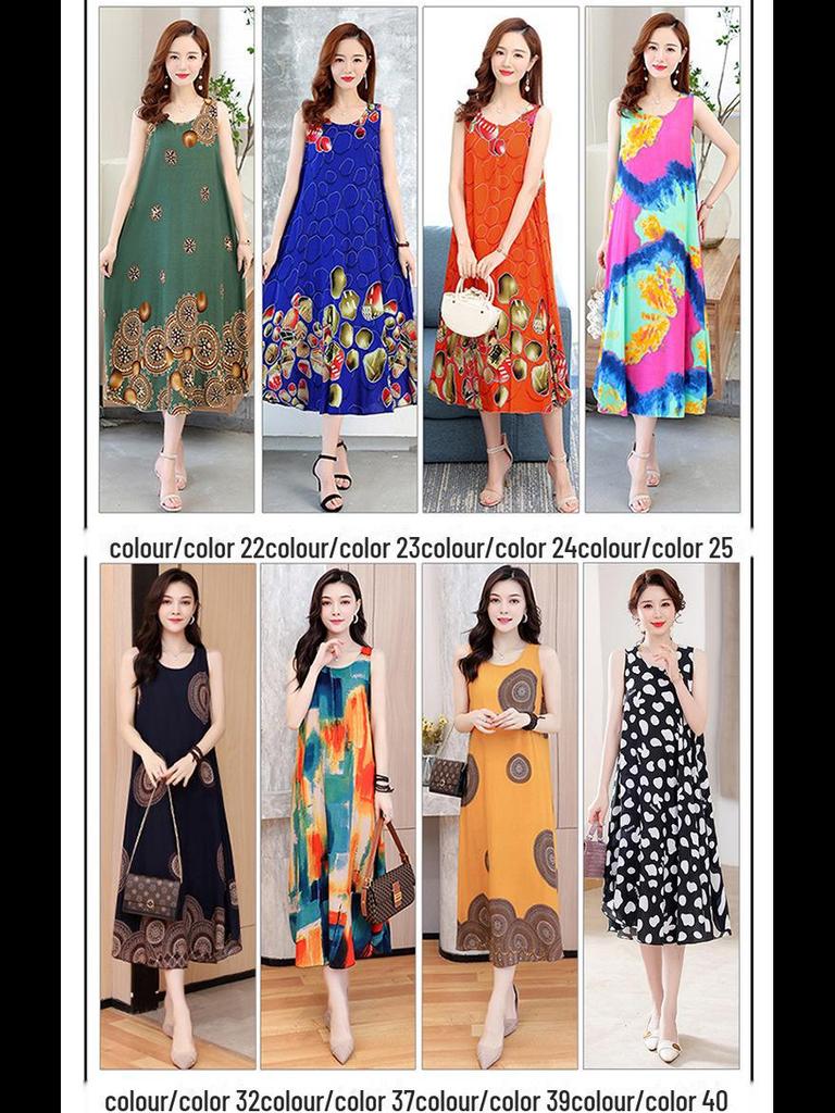 Sleeveless Silk Cotton Dress for Middle-Aged Mothers - Slim Fit, Large Size, Beach Dress for Summer