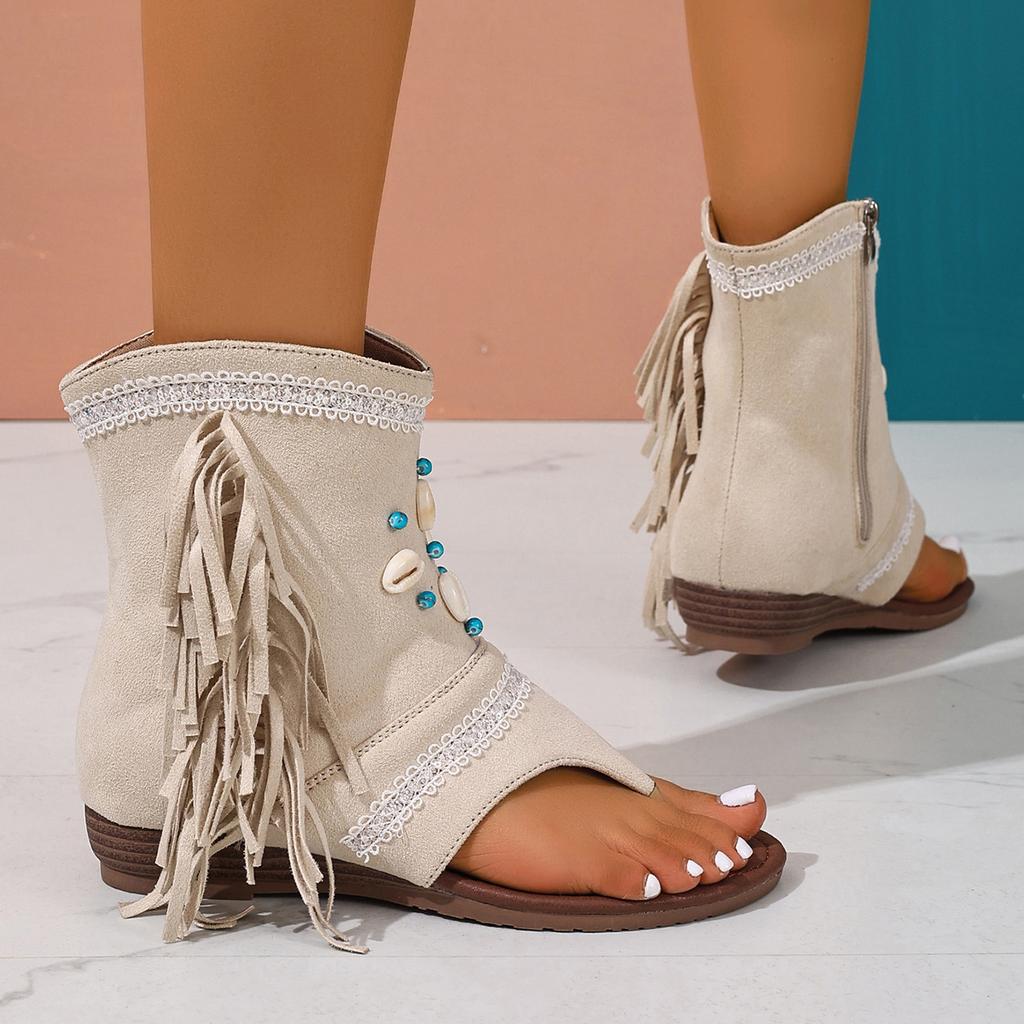 Fashion 2025 New Tassel Beaded Shell Ethnic Lace Side Zipper Fashion Comfortable Hundred Beach Women's Short Boots