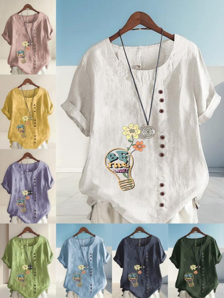 Women's Fashion Flower Print Round Neck Short Sleeve T-shirt Summer Casual Cotton Linen Graphic Shirt Leisure Loose Blouse Tops