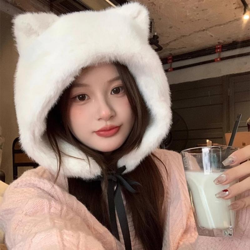 Furry Cartoon Head Cover with Ear for Outdoor Sports Furry Hat with Ear Oversized Headgear Hat for Winter