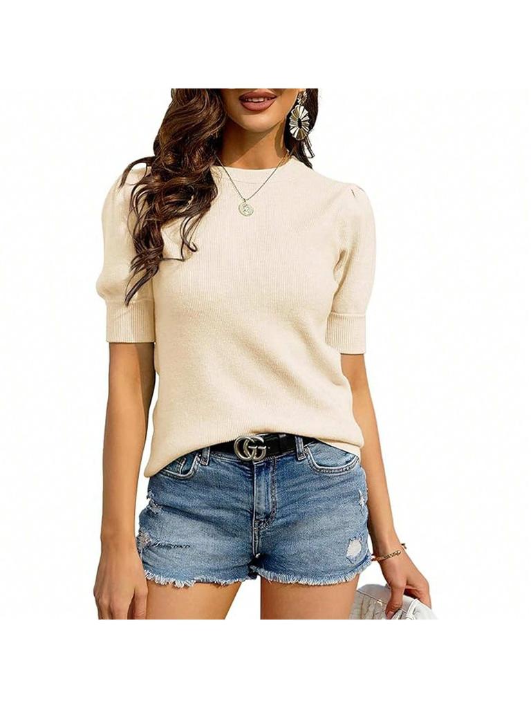 Women's Puff Short Sleeve Knit Sweater Crew Neck Lightweight Pullover Blouse Top