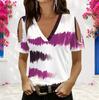 Women Plus Size V Neck Cold Shoulder Short Sleeve Purple White Tie Dye T Shirt