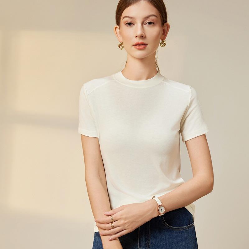 Women's Spring and Summer New Acetic Acid Tencel Wool T-shirt Small Collar Thin Temperament Blouse Solid Colour Slant Shoulder Short Sleeve