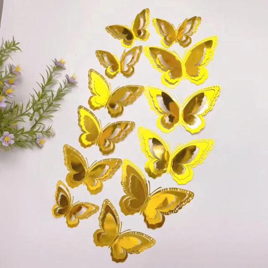 12 Pcs 3 Layers Wing Butterfly Wall Decor Removable 3D Hollow Butterfly Wall Decals for Crafts Home Bedroom Baby Shower Birthday Party Cake Decoration