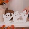 Rustic Wood Ghost Ornament Cute Halloween Wooden Table Sign, Spooky White Standing Decor Block Sign for Holiday Tiered Tray Centerpiece, Indoor