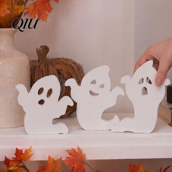 Rustic Wood Ghost Ornament Cute Halloween Wooden Table Sign, Spooky White Standing Decor Block Sign for Holiday Tiered Tray Centerpiece, Indoor