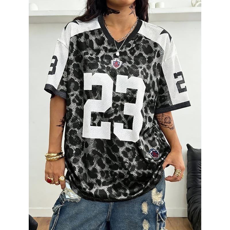 

Summer Street Hip-Hop Style Sporty V-Neck Short-Sleeved Leopard Print Lettering Pattern Loose Quick-Drying Women s Girls T-Shirt 6XL