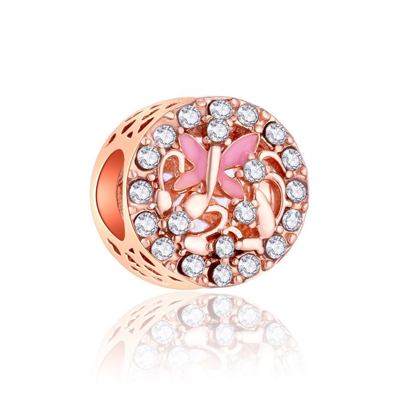 Fashion Rose Gold Plated Crystal Love Heart Flower Charms Bead Fit Original Bracelet Charm Pendants for DIY Jewelry Making