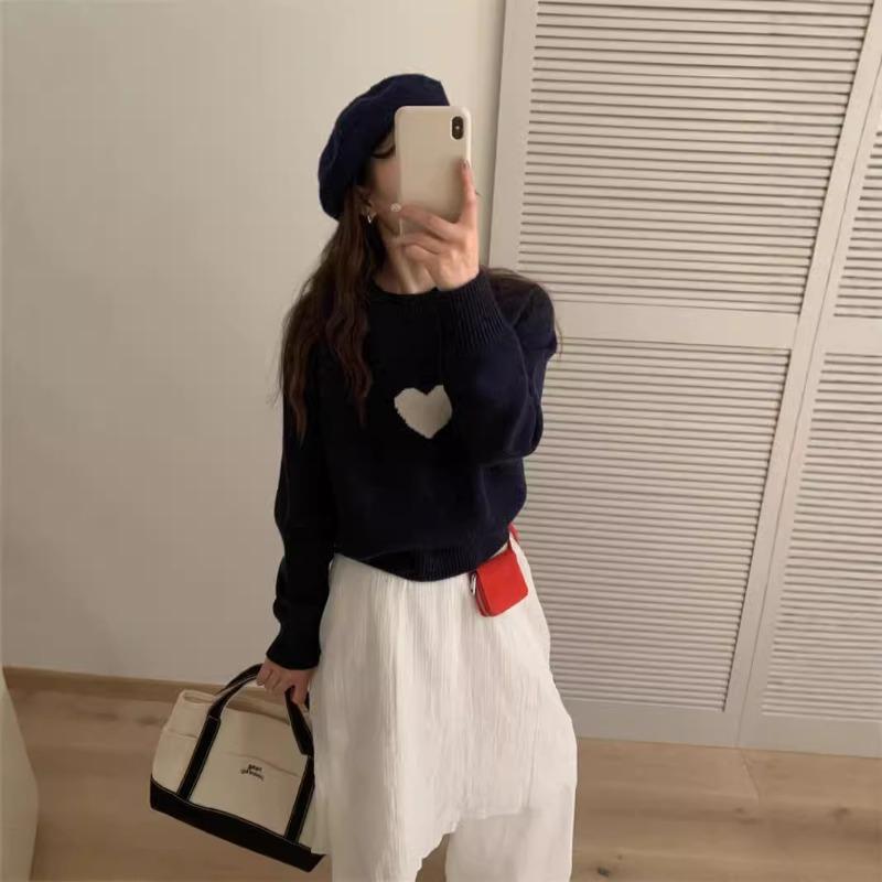 Autumn and Winter New Products Round Neck Shoulder Sleeves Knitted Sweater Women's Korean Cute Little Fresh Love Jacquard Top Women's