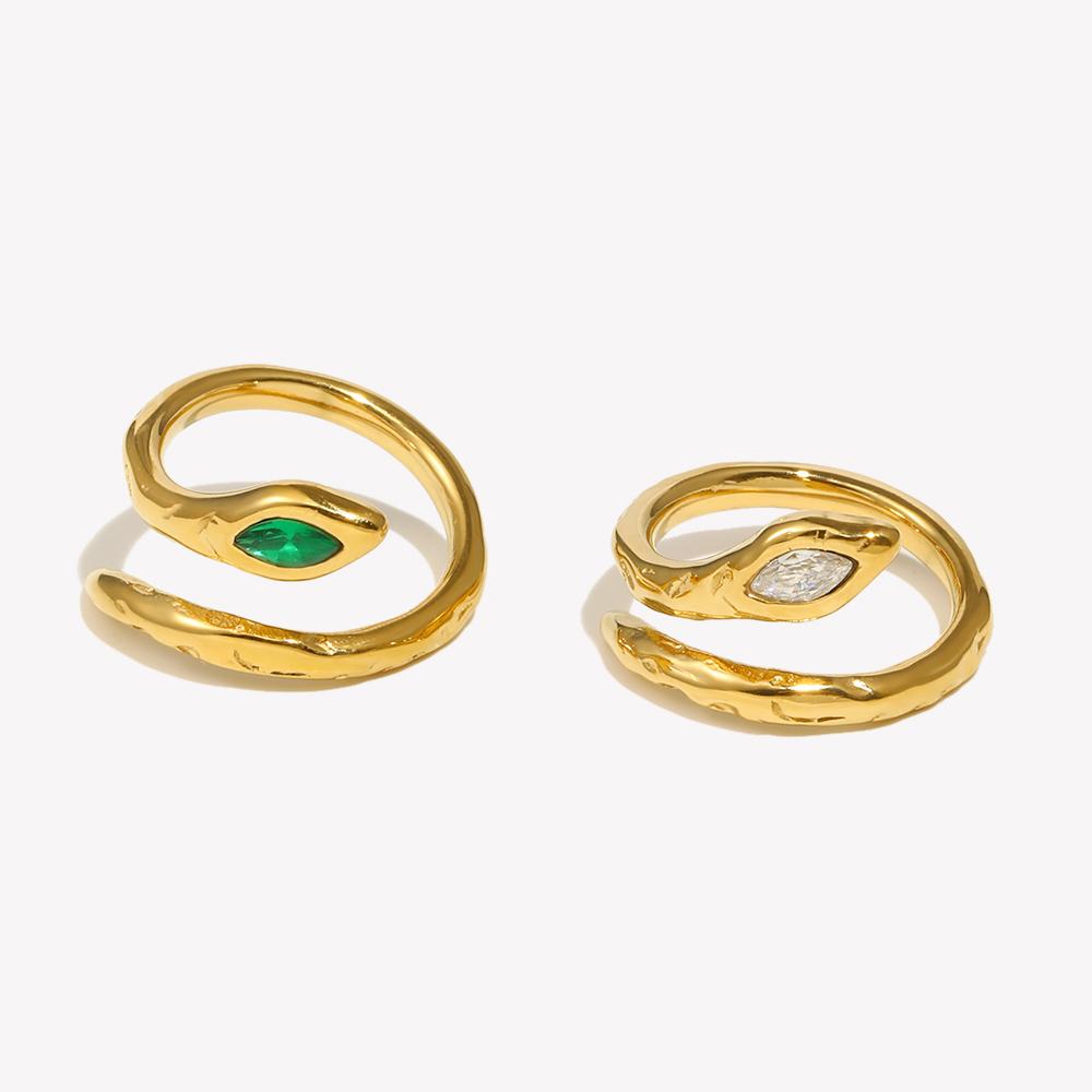 E.B.belle Hypoallergenic Green Clear Cubic Zirconia 18K Gold Plated Stainless Steel Snake Ring Women's Waterproof Titanium Ring