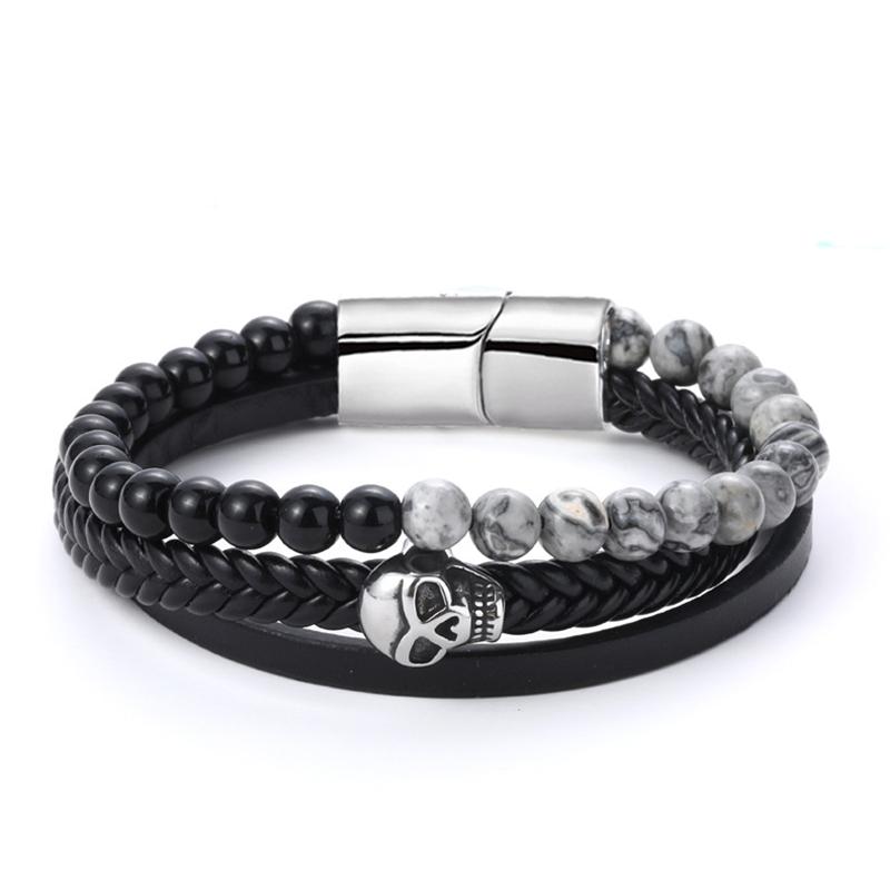 Trendy Men Bracelet Gothic Skull Braslet Hiphop Rock 3 Layers Punk Brazalete Natural Stone Beads Braclet Stainless Steel Braslet