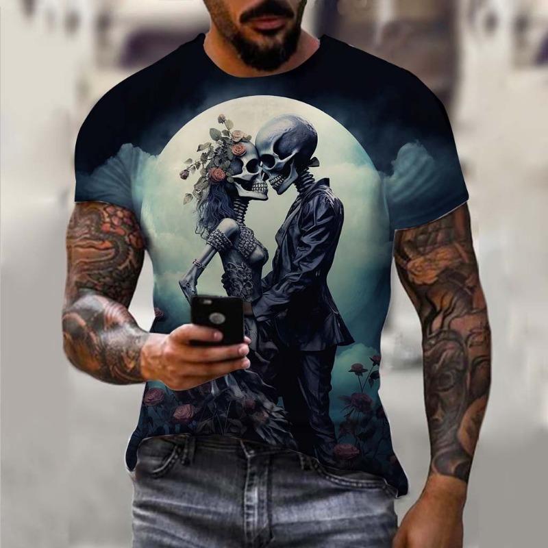 Men's T-Shirt Undead Skeleton Pattern 3d Print Short Sleeve  Casual Man Clothes Summer