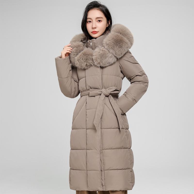

Женское Зимнее Длинное Пальто с Капюшоном, Большим Воротником из Искусственного Меха, Элегантное, Толстое, Теплое, Зимняя Парка, Женская Куртка с Поясом 2XL хаки