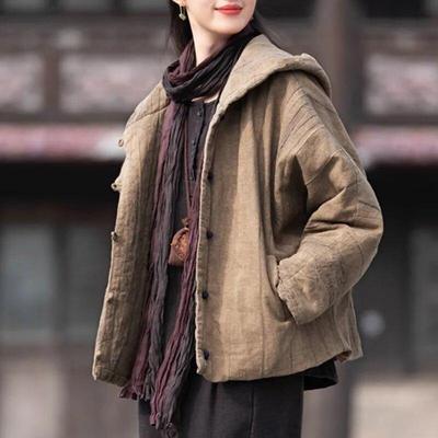 Parkas à capuche en coton Vintage pour femmes, manteaux chauds à manches longues avec boutons, Style chinois d'hiver
