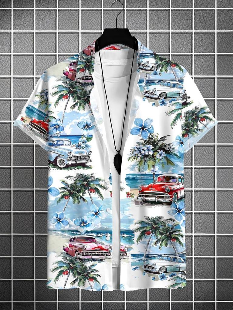 Men's Casual Short - Sleeve Shirt with Coconut Tree & Car Prints, Made of Polyester Fiber, Mixed Color, Multiple Specifications Available, Suitable