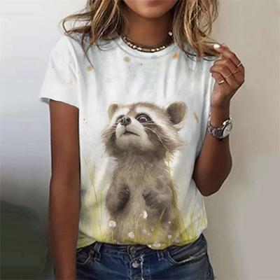 Camiseta com estampa de animal fofo 3D para mulheres, estampa de guaxinim e panda, camisetas casuais de verão, mangas curtas, gola redonda, camisetas soltas
