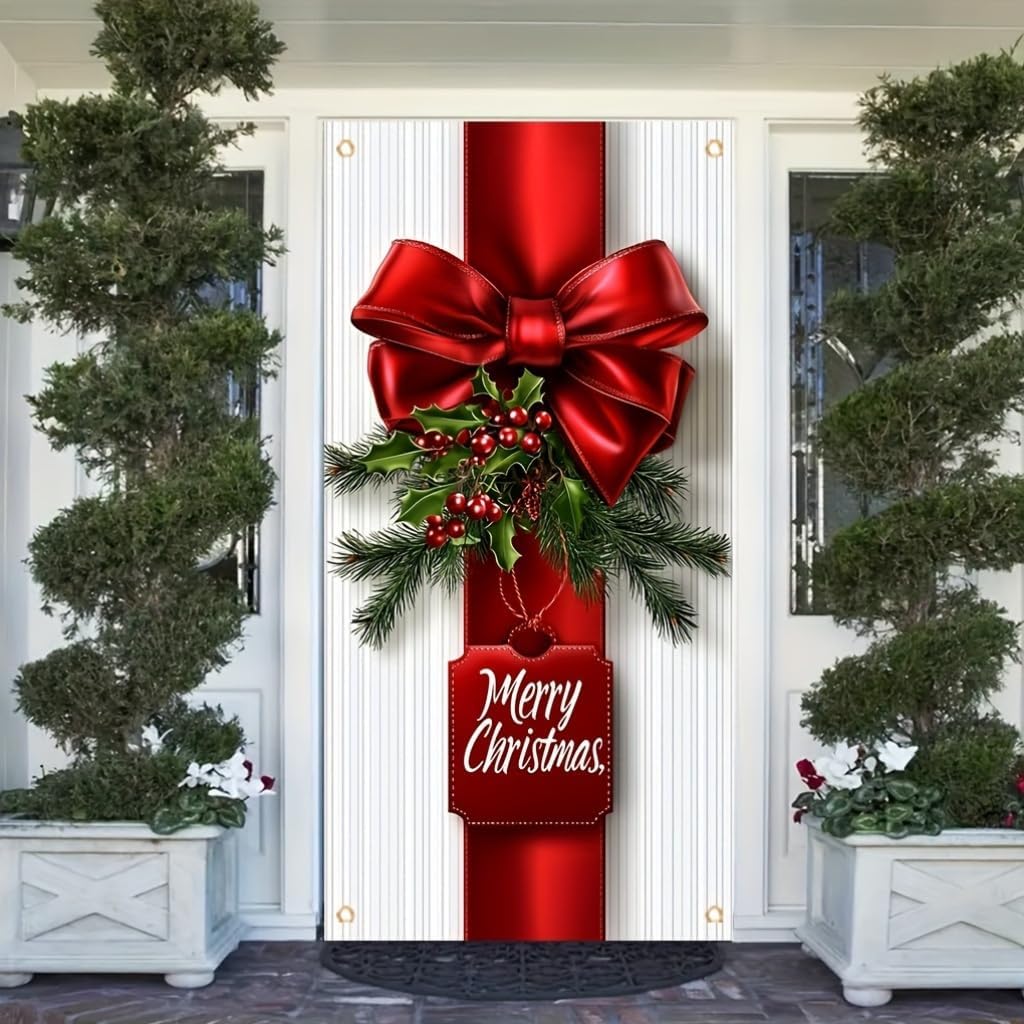 ChristmasDoor Cover Banner 71x35 Inch Red Bow and Holly Decoration for Front Door Holiday Indoor Outdoor Home Decor