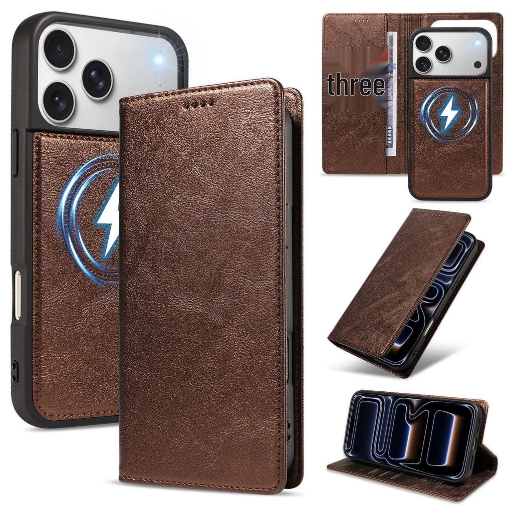 iPhone 18 Pro Max Magnetic Leather Case with Imitation Cowhide Texture and Flip Card Holder