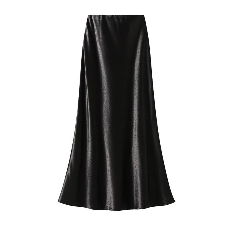 Qooth Elegant Women Satin Fishtail Skirt Maxi Length Bodycon Slim Elastic Waist Skirt QT2762