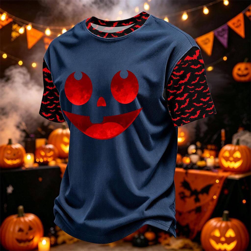 Men's Casual Corduroy Neck Short Sleeve T-Shirt with Halloween or Letter Print