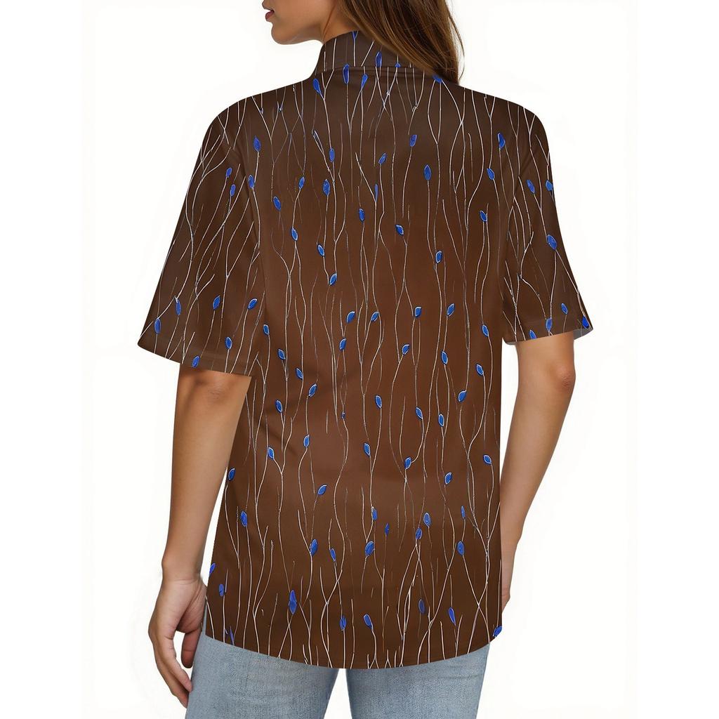 Damenmode Lässig Knopf Tasche Hemd Kurze Ärmel Druck Revers Oberteil