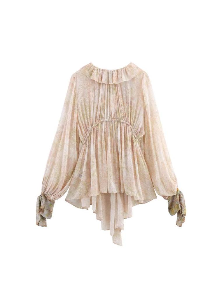 Spring Women's V-Neck Ruffle Print Chiffon Blouse with Long Sleeves