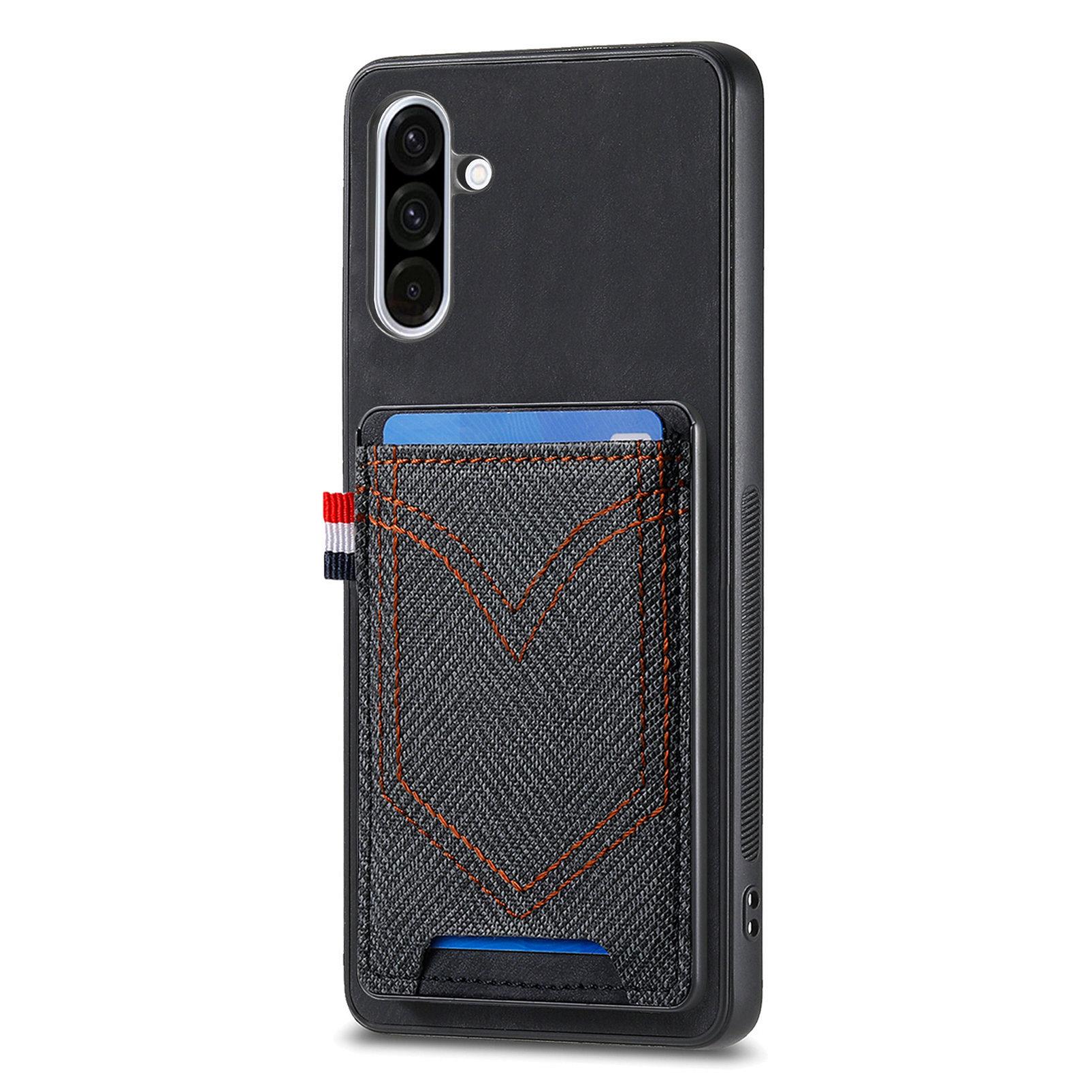 

For Samsung Galaxy A36 5G Phone Case Retro Jean Cloth Texture Leather Back Cover with Card Holder Black