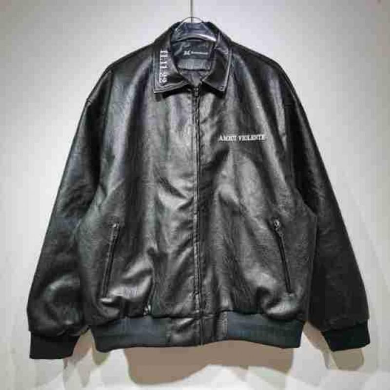 PU Leather Biker Jacket Mens Loose Fit Vintage Style Letter Embroidery Black