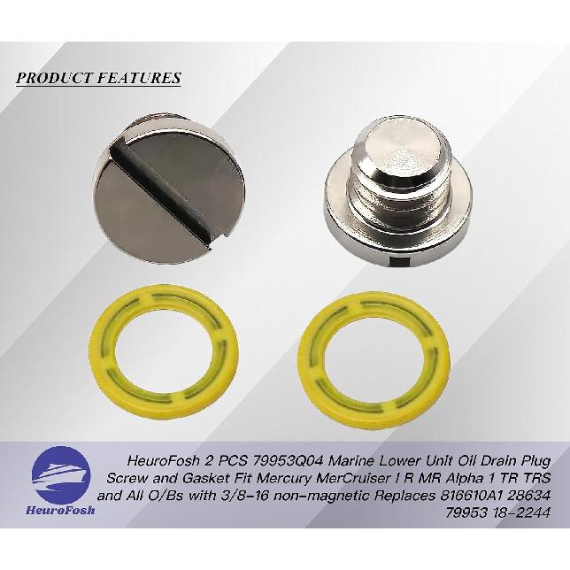 2 PCS 79953Q04 Marine Lower Unit Oil Drain Plug Screw and Gasket Fit Mercury MerCruiser I R MR Alpha 1 TR TRS and All O/Bs with 3/8-16 Non-Magnetic
