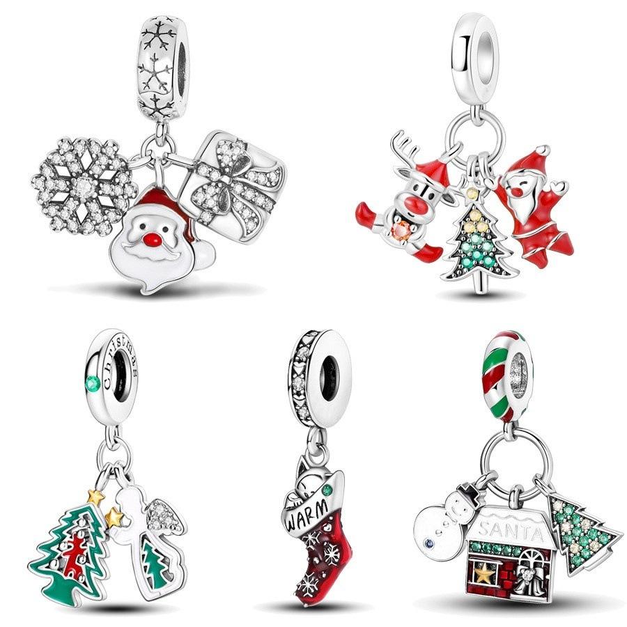 2026 Christmas Theme Snowflake Gift Box Santa Claus Beaded Pendant 925 Silver DIY Bracelet Christmas Gift