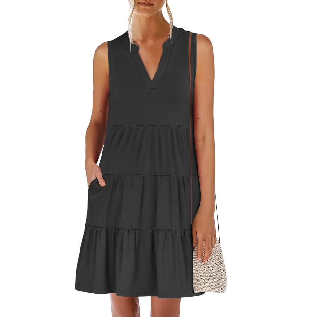 Women's Summer Fashion V-neck Sleeveless Patchwork Solid Color Casual Dresses