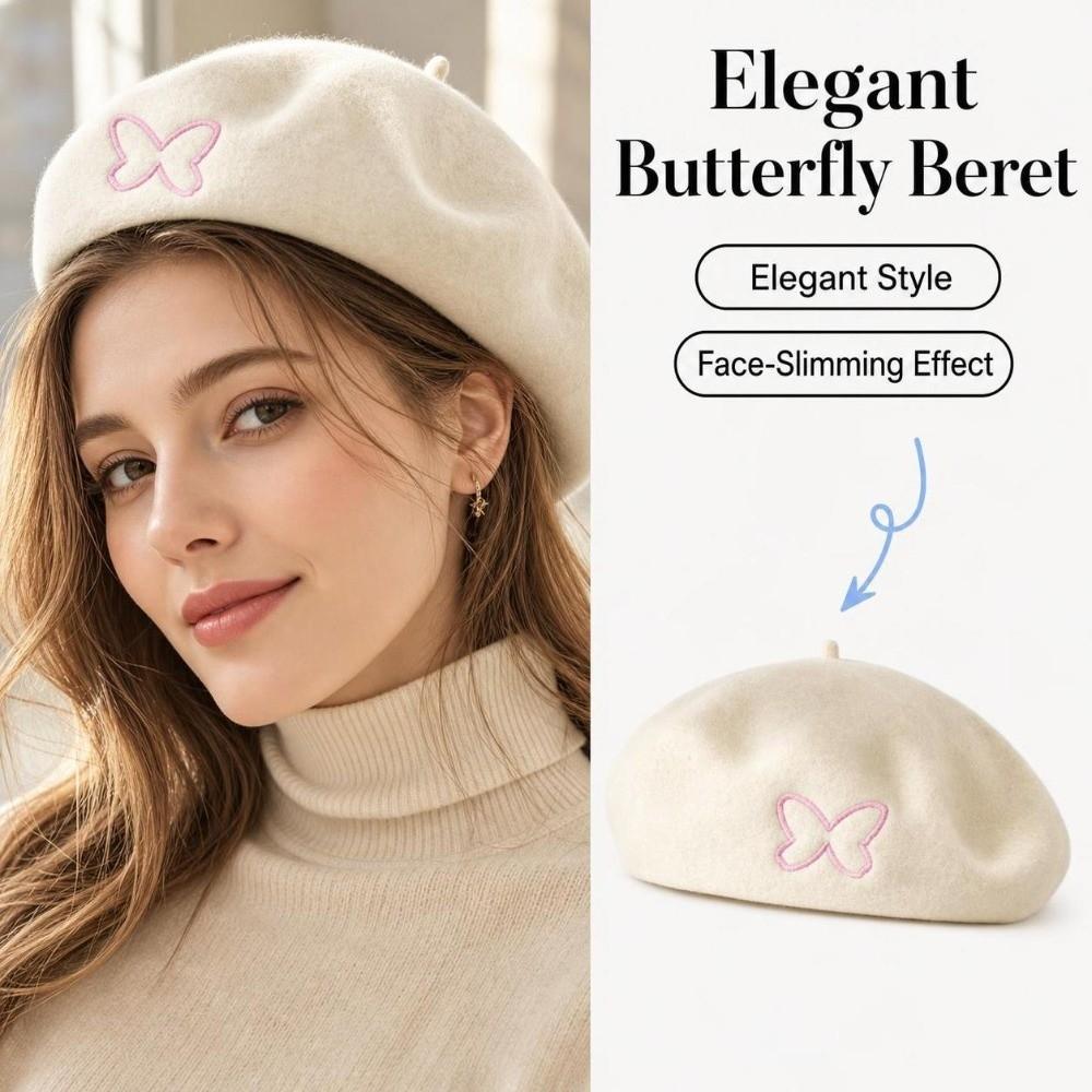Fashion Warm Winter Wool Berets Hat Butterfly Retro French Artist Hat Solid Color Adjustable Plain Cap for Women
