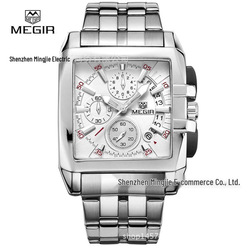 MEGIR 2018 Men s Three-Eye Waterproof Square Luminous Multifunctional Business Watch серебристый браслет серебристый корпус белый циферблат