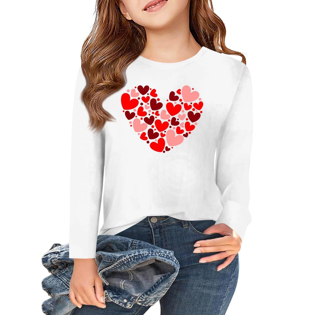 Långärmade T-shirts för flickor med kärlek och alla hjärtans dag-motiv, hösttoppar, rund hals, enkla T-shirts för barn, 5-14 år