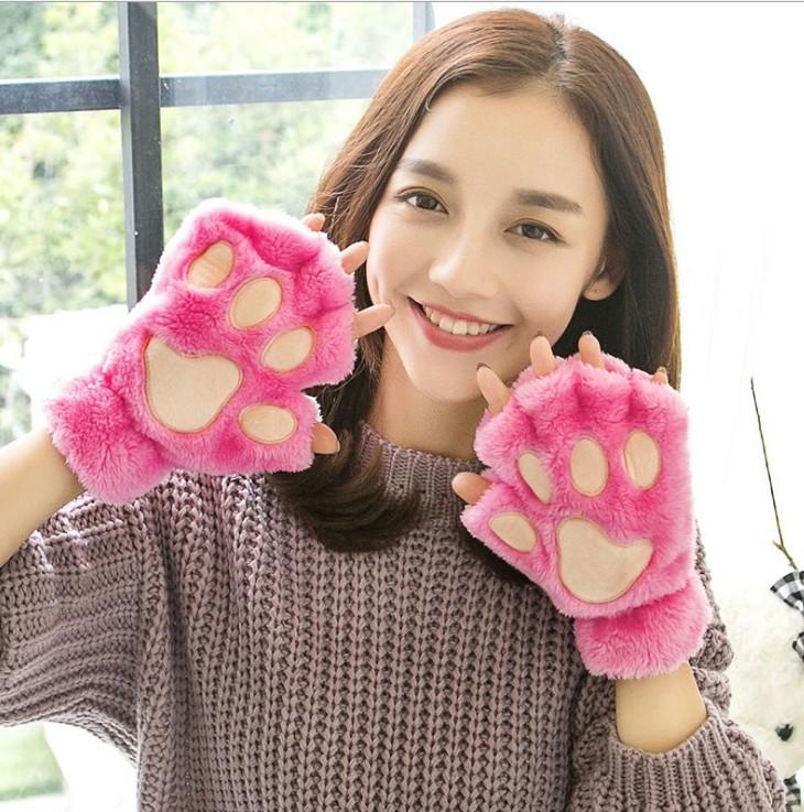 Women Cute Cat Claw Paw Plush Mittens Warm Soft Plush Short Fingerless Fluffy Bear Cat Gloves Costume Half Finger Party Gift